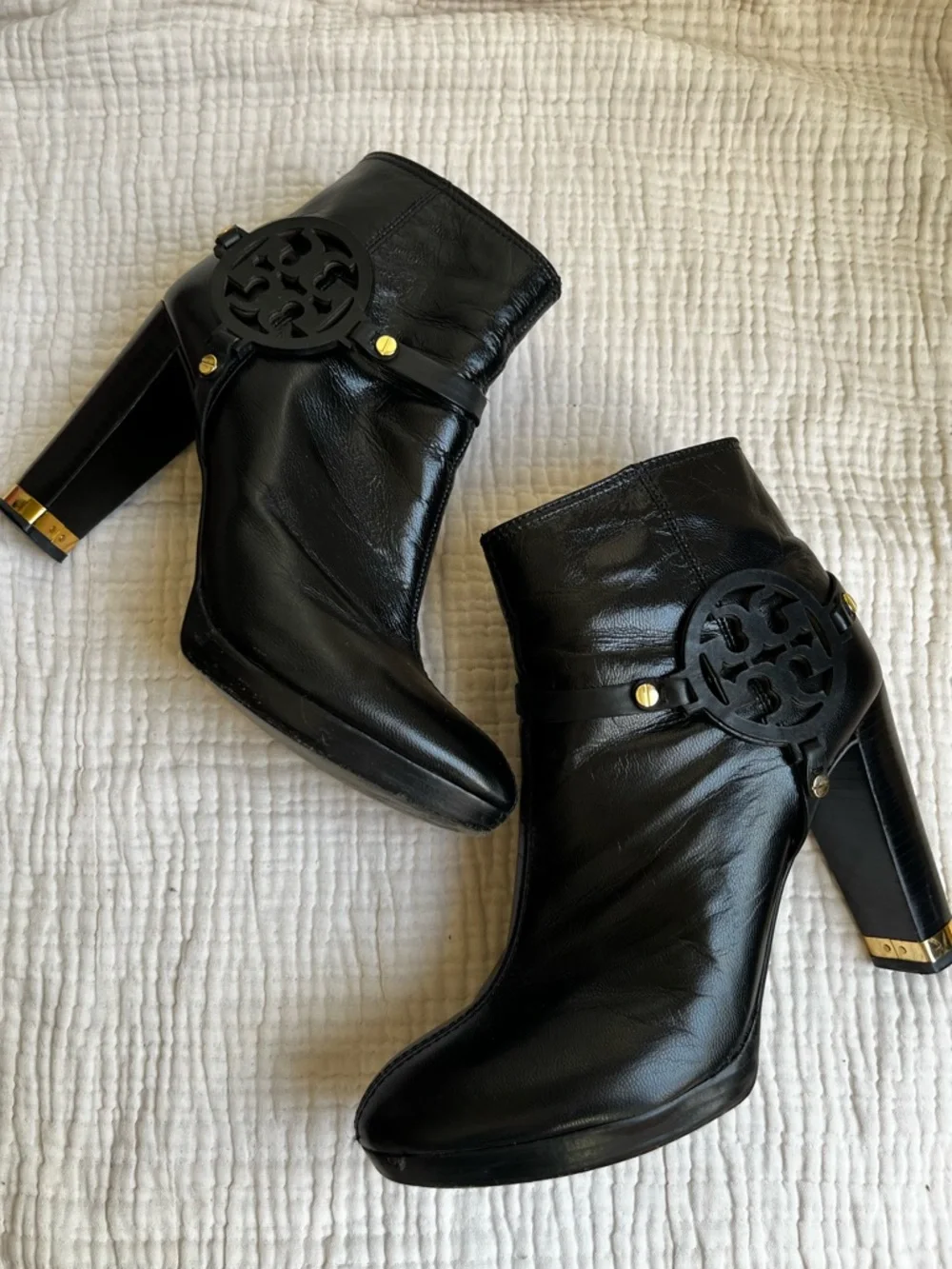 Tory Burch Black Gold Whitney Heeled Logo Ankle Boots Booties Size 10